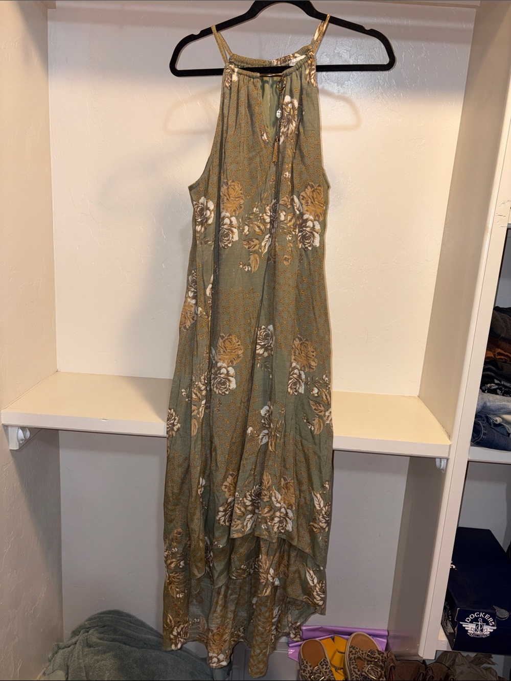 Avenue Olive Green Floral Halter High-Low Dress with Gold Straps